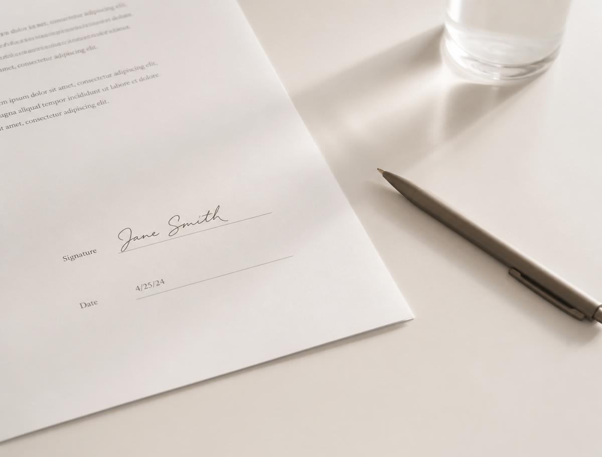 A contract on a desk with a signature line and a pen